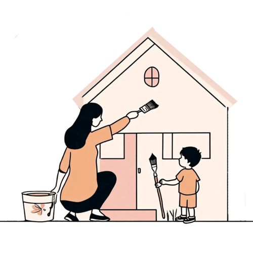 Madre e hijo están decorando su casa