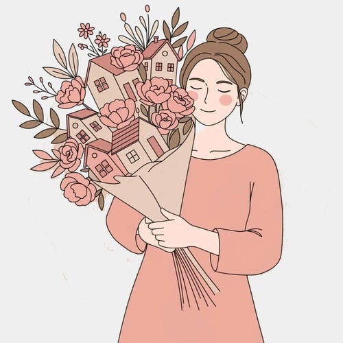 Mujer sosteniendo un ramo de flores con casitas